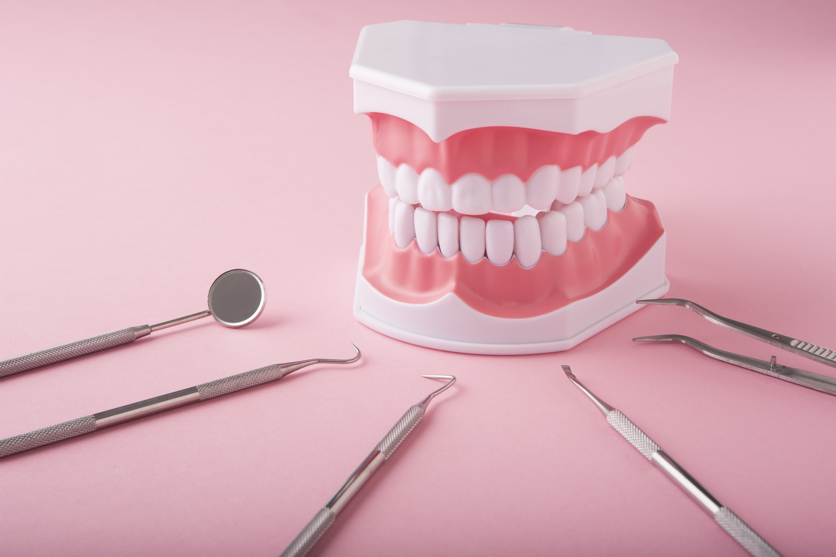 歯の模型と歯科治療器具